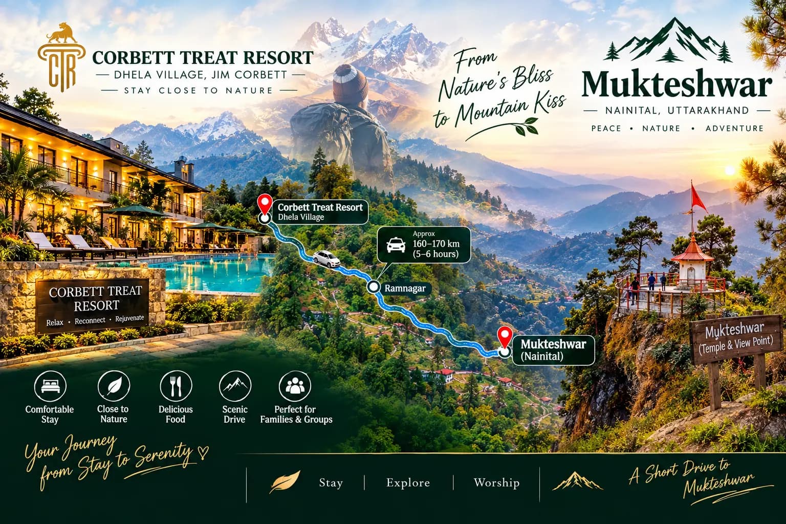 Winding mountain passes lined with pine and oak trees between Mukteshwar and Jim Corbett
